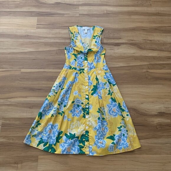 Donna Morgan Dress Womens 4 Yellow Floral Cotton Button Sleeveless Beach Summer - Picture 1 of 10